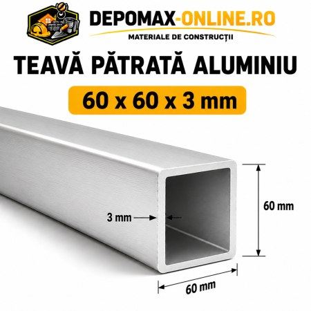 Teava patrata aluminiu 60 x 60 x 3 mm, 6 metri (EN AW-6060)